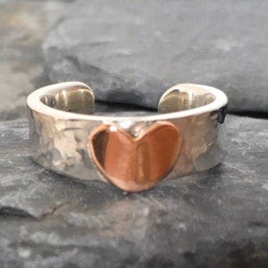 Silver toe ring with heart, Toe ring silver, Copper heart, Hammered toe ring