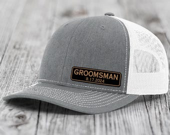 Chapeau de marié avec écusson en cuir personnalisé | Chapeau de mariage personnalisé Richardson 112 | témoin, garçons d'honneur, cadeau de mariage, faire-part