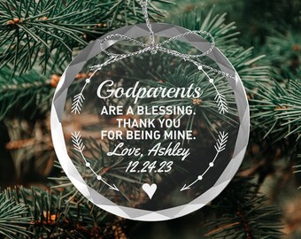 Godmother Christmas Ornament, engraved glass godparents gift, gift from godchild, Mother's Day, Godparents are a blessing, Godmother
