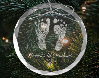 Baby's First Christmas Glass Ornament, Custom Ornament, Personalized engraved footprint or handprint, Engraved Glass Ornament, New Baby Gift
