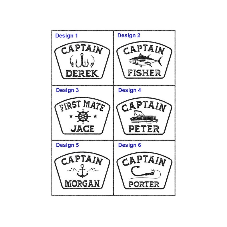 May include: A collection of six nautical-themed designs. Each design features a shield shape with the word "CAPTAIN" or "FIRST MATE" at the top, along with a name and a nautical symbol such as a fish, anchor, or boat.