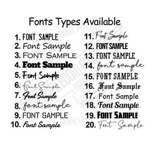 May include: A white background displays a list of 20 font samples. The title "Fonts Types Available" is at the top. Each font sample is numbered and labeled "Font Sample" in various styles, including bold, script, and serif.