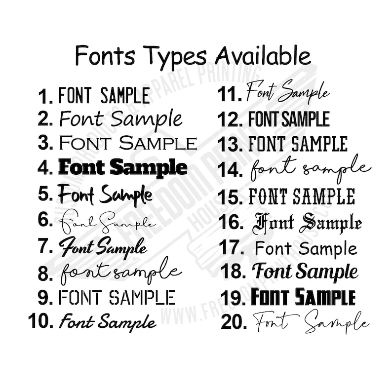 May include: A white background displays a list of 20 font samples. The title "Fonts Types Available" is at the top. Each font sample is numbered and labeled "Font Sample" in various styles, including bold, script, and serif.