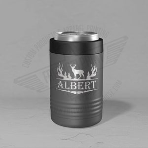 May include: A gray stainless steel can cooler with a white deer silhouette and the name "ALBERT" engraved on it.