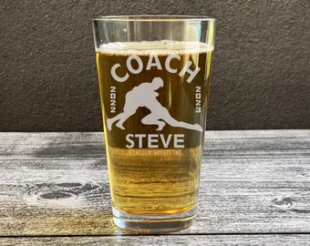 Personalized Wresting Beer Glass, Wrestling Coach, Engraved Wrestling Gift, Gift for Coach, Fast Shipping, Custom Mixing Glass for Coach