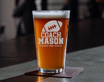 Personalized Football Coach Gift – Custom Engraved Pint Glass – Coach Appreciation, Team Gift, End of Season, Thank You Gift