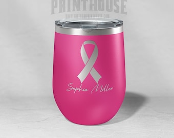Personalized Engraved, 12oz Hot Pink, Breast Cancer Awareness, Survivor, Cancer Ribbon, Pink Travel Mug, Pink Wine Tumbler, Custom Etched