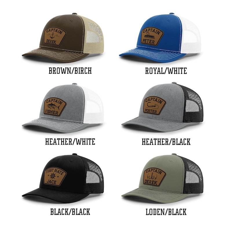 May include: A collection of six trucker hats in various colors, each featuring a patch with the word "CAPTAIN" or "FIRST MATE" and a name. Colors include brown, blue, gray, black, and green. The hats have mesh backs and curved visors.