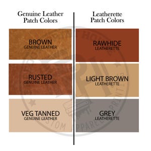 May include: A color chart displaying genuine leather and leatherette patch colors. The genuine leather options include brown, rusted, and veg tanned. Leatherette options are rawhide, light brown, and grey. Text labels identify each color.