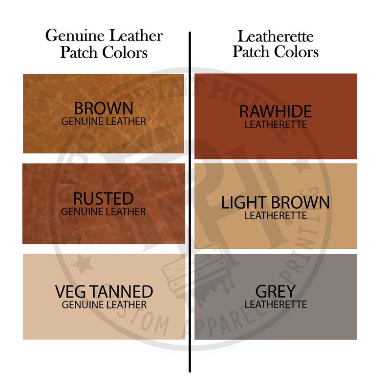 May include: A color chart displaying genuine leather and leatherette patch colors. The genuine leather options include brown, rusted, and veg tanned. Leatherette options are rawhide, light brown, and grey. Text labels identify each color.