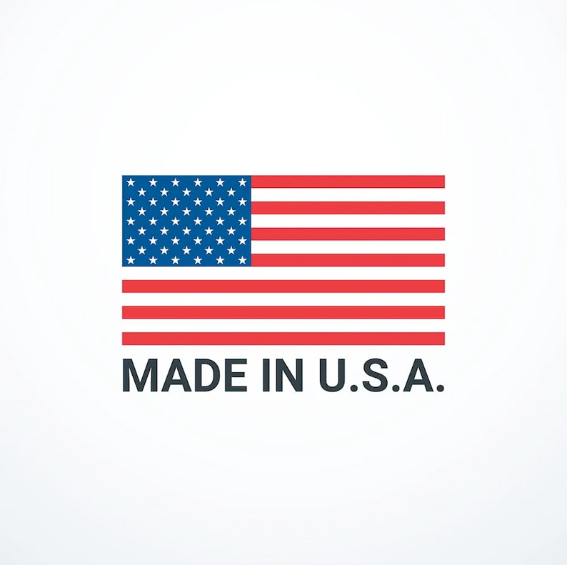 May include: A red, white, and blue American flag with 13 horizontal stripes and 50 white stars on a blue field. The text "MADE IN U.S.A." is below the flag.