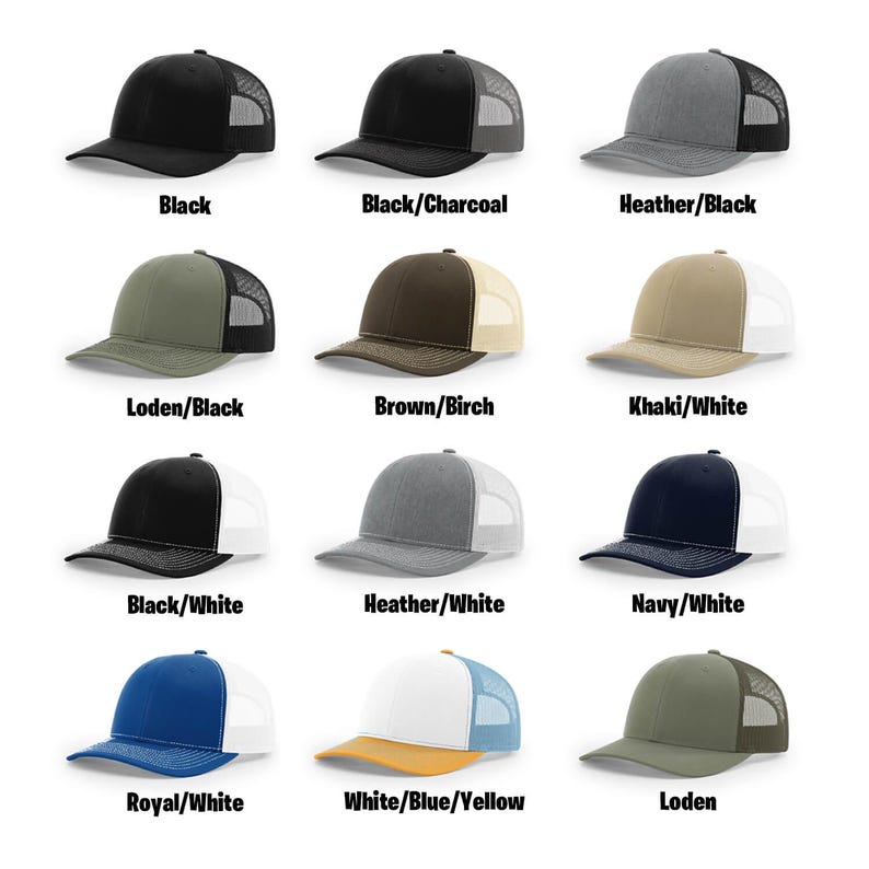 May include: A grid of twelve trucker hats in various colors, including black, heather gray, navy, and khaki. Each hat features a mesh back and a curved brim. Text labels below each hat indicate the color combinations, such as "Black/Charcoal" and "Royal/White".