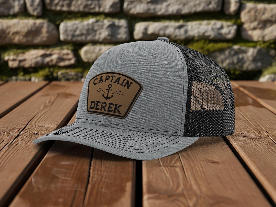Custom Captain Hat with Laser Engraved Leather Patch – Personalized Name Nautical Hat, Pon