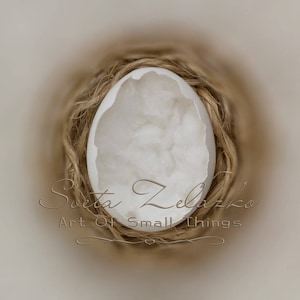 Puede incluir: Un accesorio de fotografía para recién nacidos en forma de huevo de cerámica blanca, anidado en un lecho de cuerda marrón natural.