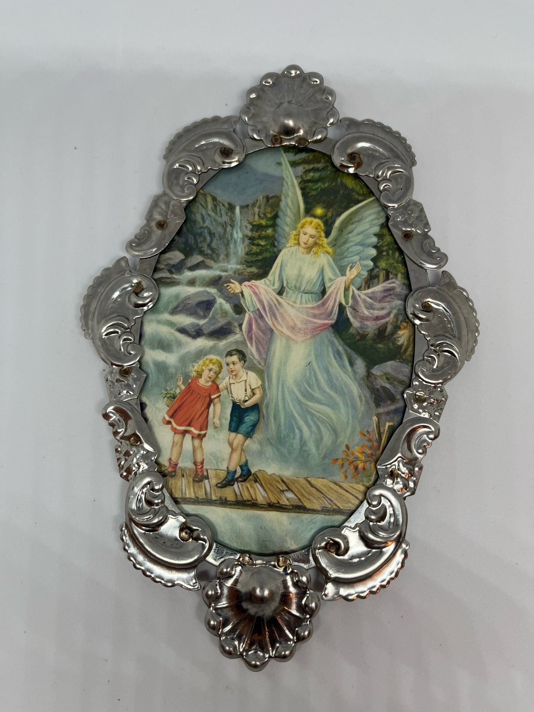 Angel with children tin ornate frame
