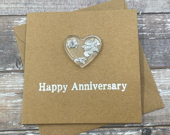 11th Anniversary Card - Steel Silver Foil Resin Epoxy Heart - 4 x 4 inches ( 102mm x 102mm) Or 5 x 5 inches (127mm x 127mm)