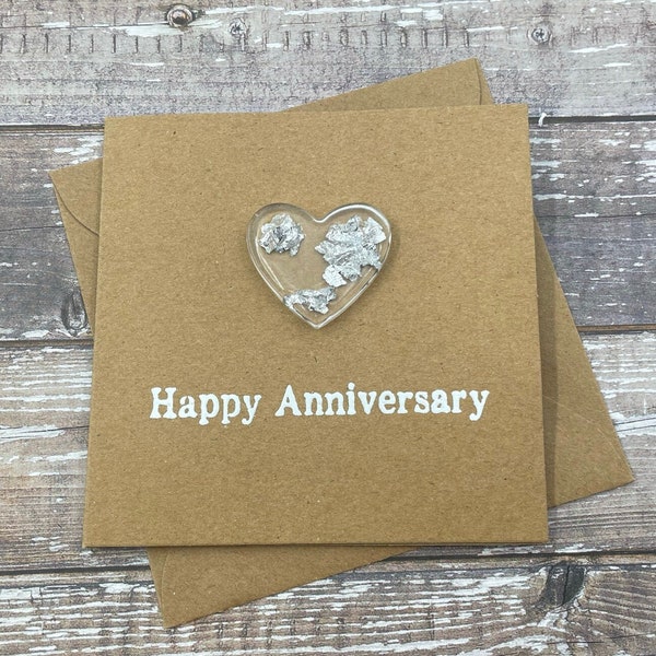 11th Anniversary Card - Steel Silver Foil Resin Epoxy Heart - 4 x 4 inches ( 102mm x 102mm) Or 5 x 5 inches (127mm x 127mm)