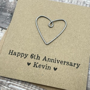 6th Personalised Iron Anniversary Card - Wire Heart - Custom Wording  - 5 x 5 inches (127mm x 127mm)
