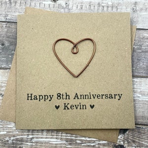 8th Personalised Bronze Anniversary Card Wire Heart Custom Wording 5 x 5 inches 127mm x 127mm image 1