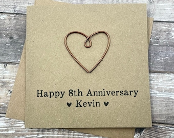 Personalized 8th Anniversary Card: Bronze Wire Heart, Custom Message