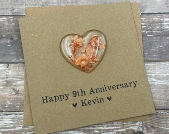 Personalized 9th Anniversary Card: Copper Foil Resin Heart