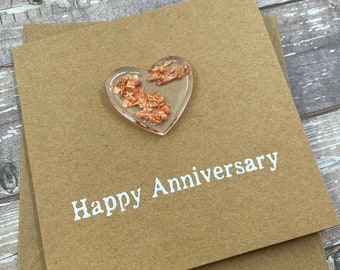 7th Anniversary Card - Copper foil Resin Epoxy Heart - 4 x 4 inches ( 102mm x 102mm) Or 5 x 5 inches (127mm x 127mm)