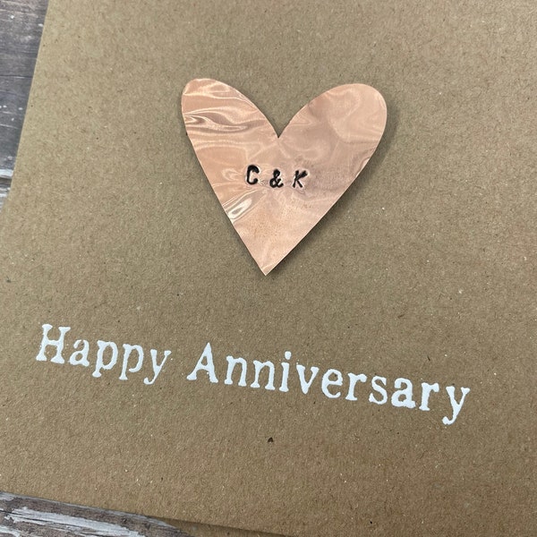 Personalised 9th Copper Anniversary Card - Real Copper Heart Custom - Personalize Debossed Rustic Copper -  5 x 5 inches (127mm x 127mm)