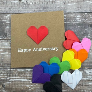 Tarjeta de 1er aniversario de papel personalizada - Corazón de origami de color personalizado - A medida - Papel escolar rayado - Personalizado