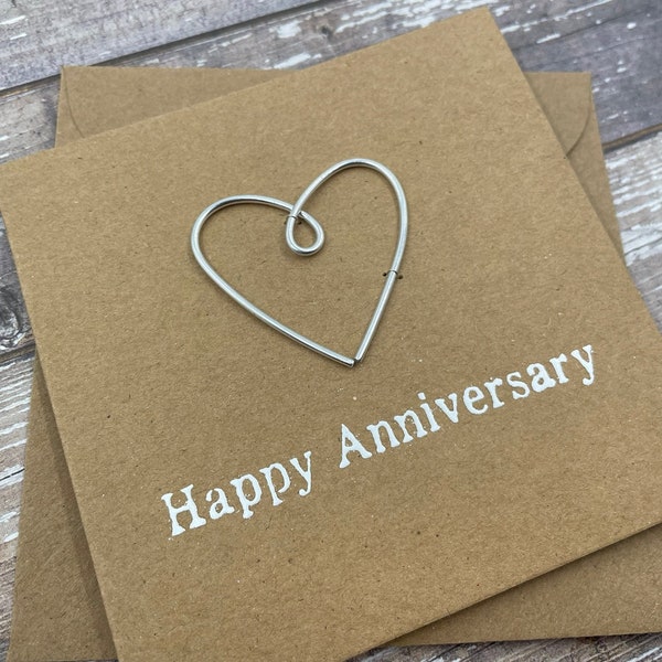 Happy 25th Anniversary Card - Silver Wire Heart - 4 x 4 inches ( 102mm x 102mm) Or 5 x 5 inches (127mm x 127mm)