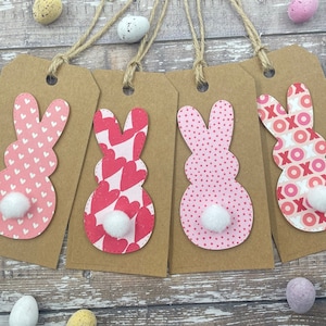 Étiquettes de lapin de Pâques Pom Pom Tail - Rouge Rose Blanc - Amour - Coeurs - Étiquettes Joyeuses Pâques - Xoxo - Saint Valentin - Lot de 3