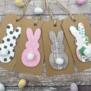 Étiquettes de queue de lapin de Pâques Pom Pom - pois - Floral - bois - étiquettes de Joyeuses Pâques - ensemble de 4
