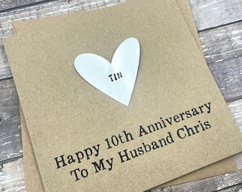 Personalized 10th Anniversary Card: Debossed Tin Heart, Kraft Card
