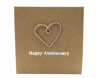 Happy 7th Anniversary Card - Copper Wire Heart - 4 x 4 inches ( 102mm x 102mm) Or 5 x 5 inches (127mm x 127mm)