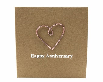 Happy 7th Anniversary Card - Copper Wire Heart - 4 x 4 inches ( 102mm x 102mm) Or 5 x 5 inches (127mm x 127mm)