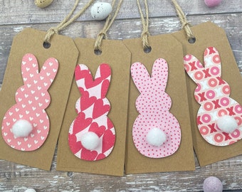 Easter Bunny Pom Pom Tail Tags - Red Pink White - Love - Hearts - Happy Easter Labels - Xoxo - Valentine's Day - Set Of 3