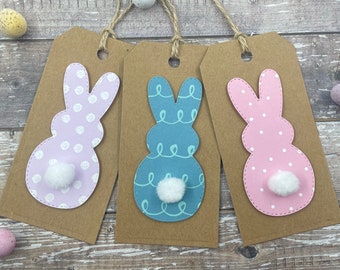 Easter Bunny Pom Pom Tail Tags - Purple Blue And Pink Happy Easter Labels - Set Of 3