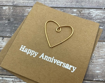 50th Anniversary Card: Gold Wire Heart, Handmade Kraft Card