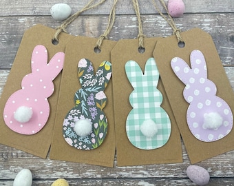 Easter Bunny Pom Pom Tail Tags - Pink- Floral - Purple Polka Dot - Happy Easter Labels - Set Of 4