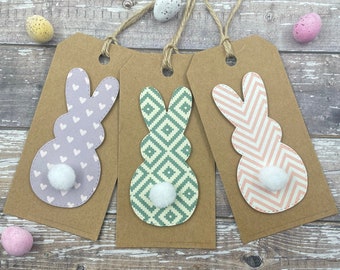 Easter Bunny Pom Pom Tail Tags - Pink Teal And Purple Happy Easter Labels - Set Of 3