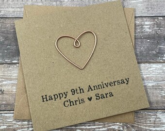 Personalized 9th Anniversary Card: Copper Wire Heart, Kraft Cardstock