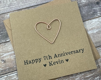 Personalized 7th Anniversary Card: Copper Wire Heart, Kraft Cardstock