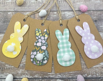 Easter Bunny Pom Pom Tail Tags - Pink Teal And Blue Happy Easter Labels - Set Of 4