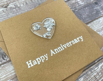 25th Anniversary Card: Silver Foil Resin Heart, Handmade Kraft Card