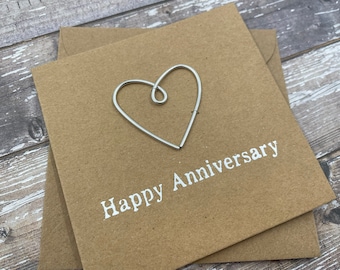 25th Anniversary Card: Silver Wire Heart, Handmade Kraft Card