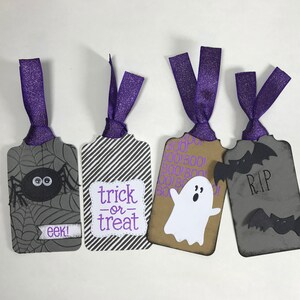 Halloween Tags - EEK! Spider - Trick Or Treat - Boo Ghost - R.I.P Grave Stone Bats Set Of 4 - Gift Party Treat candy Bag Labels