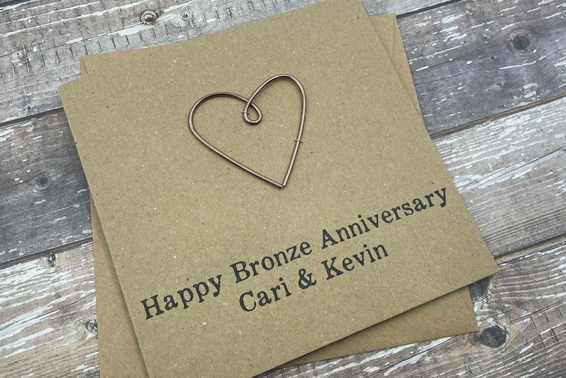 8th Personalised Bronze Anniversary Card Wire Heart Custom Wording 5 x 5 inches 127mm x 127mm image 6