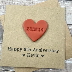 9th Personalised Pottery Anniversary Card - Personalized Polymer Clay Heart - Custom Wording -  5 x 5 inches (127mm x 127mm)
