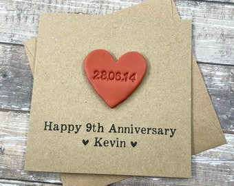 9th Personalised Pottery Anniversary Card - Personalized Polymer Clay Heart - Custom Wording -  5 x 5 inches (127mm x 127mm)