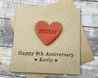 9th Personalised Pottery Anniversary Card - Personalized Polymer Clay Heart - Custom Wording -  5 x 5 inches (127mm x 127mm)