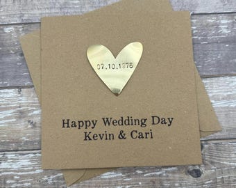 Personalized Wedding Card Gold Heart: Just Married, Till Death Do US Part, Happily Ever After, Congratulations,  Debossed Rustic Brass